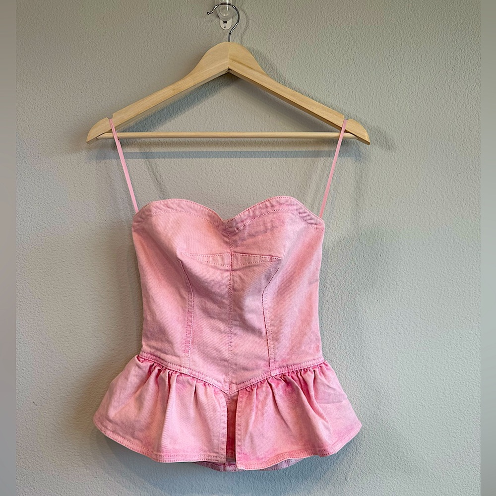 Isabel Marant Dolzina Strapless Pink Denim Corset Top Ruffle Trim Fitted